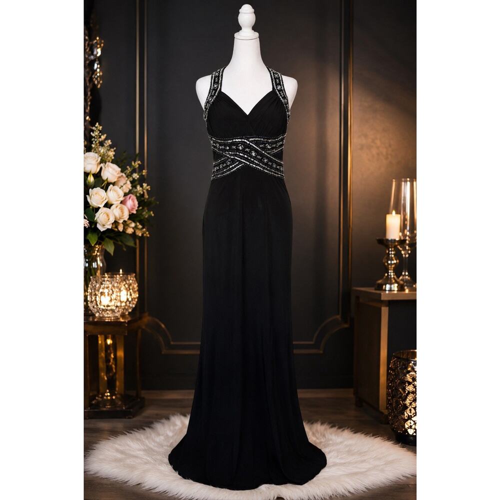 Adrianna Papell Haley Logan Black Beaded Gown Dress Size 5/6 Open Back - Picture 2 of 10